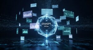 A mysterious futuristic AI core labeled “ChatGPT Atlas” glowing at the center of a dark digital environment. Holographic browser windows and data streams orbit around it, suggesting hidden intelligence and power. The scene evokes curiosity and discovery. Style: cinematic, deep blue and silver palette, soft light glow, photorealistic.