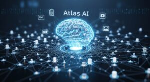 A glowing holographic brain labeled “Atlas AI” connected to millions of digital nodes representing users and data sources. The AI emits light beams toward various media icons (text, image, video). Style: photorealistic holographic art, blue and silver tones, sleek and intelligent atmosphere.