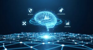 A glowing AI brain made of circuits and data lines above a corporate network. Around it, icons for “security,” “integration,” and “analytics” orbit like satellites. Style: cybernetic realism, minimalistic, cool blue tone, modern and intelligent.