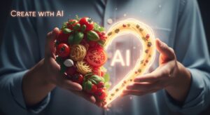A symbolic image showing a human hand and a glowing AI light forming a heart shape made of food ingredients (tomatoes, herbs, pasta). The words “Create with AI” appear subtly in the background. Style: emotional cinematic realism, soft natural light, pastel tones.