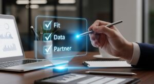 A checklist hologram hovering above a business desk with three glowing check marks labeled “Fit,” “Data,” and “Partner.” A person’s hand holding a stylus is about to mark the last item, symbolizing preparation and due diligence. Style: realistic with glowing blue holographic elements, focused and calm atmosphere.