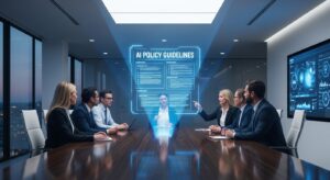 A corporate meeting room where a diverse team discusses AI policy around a glowing holographic “Guidelines” document. The atmosphere conveys collaboration, responsibility, and structure. Style: modern office setting, cool light, professional tone.