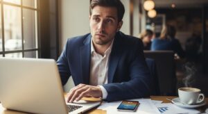 カフェで疲れた表情のビジネスパーソンがノートPCを前に手を止めている。 背景には資料やスマホ、コーヒー。 「働き続けているけれど何かが違う」と感じる瞬間をリアルに。 自然光が差し込み、反射に少し憂いを感じるフォトリアル写真。