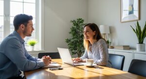 キャリアコンサルタントと相談する社会人。 明るい会議室で対話する2人。 コンサルタントは親しみやすい笑顔、相談者は真剣な表情。 希望を感じさせる自然光と清潔感のあるフォトリアル写真。