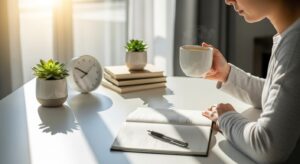 朝のデスクでノートにスケジュールを書き込みながらコーヒーを飲む人。 整理されたデスク、静かな集中の空気。 「仕組み化と再スタート」を象徴する明るい自然光。 前向きで実践的な雰囲気のフォトリアル写真。