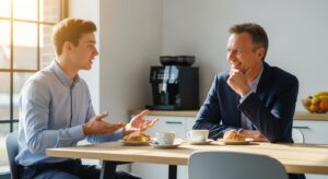 オフィスの休憩スペースで、若手社員が緊張しながら先輩と話しているシーン。 先輩は優しく微笑み、相手の話を聞いている。 「話すより聞くことの大切さ」を象徴する温かい雰囲気。