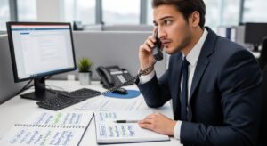 スーツ姿の新入社員がオフィスで電話対応をしている。 表情は少し緊張しているが真剣。 デスク上に敬語のメモや資料。 「正しい言葉遣いを学ぶ姿勢」を象徴するフォトリアル構図。