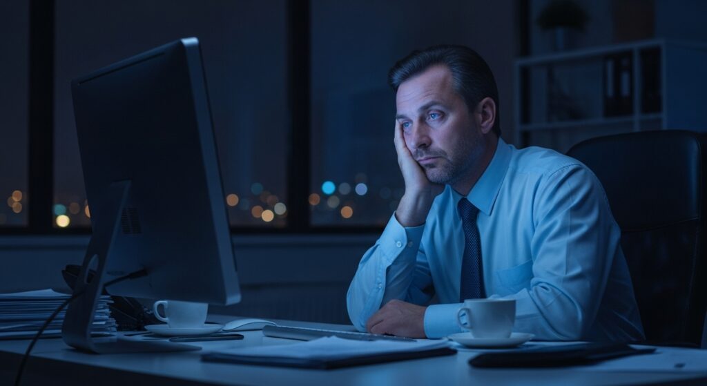 夜のオフィスで、一人デスクに突っ伏して疲れ果てているビジネスパーソン。 パソコンの光だけが顔を照らし、静かな孤独と虚しさが漂う。 「頑張っても報われない」と感じる切ない瞬間をリアルに表現。 柔らかい光、青みがかった照明、映画のような構図、フォトリアル、