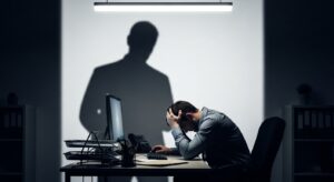 オフィスのデスクで頭を抱える会社員。 背後に立つ上司の影がぼんやり映り、緊張感のある雰囲気。 「職場の人間関係のストレス」「上司との相性に悩む」を表現。 白い蛍光灯の光と暗めのトーンで現実感のある描写。フォトリアル、