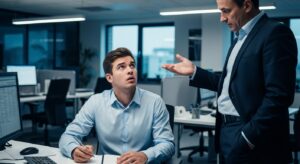 オフィスのデスクで上司に指示を受け、困惑した表情でメモを取る若手社員。 上司は立って曖昧にジェスチャーをしている。 「あいまいな指示に戸惑う瞬間」をリアルに描く。 クールトーンの照明、やや緊張感のある雰囲気、フォトリアル、