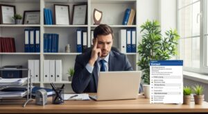 オフィスのデスクでパソコンに向かい、メール文面に「ご教示」と「ご教授」を並べて悩むビジネスパーソン。 額に軽い困惑の表情、背後に本棚や資料。 「敬語の使い分けに迷う瞬間」をリアルに描く。 明るい昼のオフィス、柔らかい光、フォトリアル、