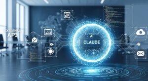 近未来のオフィスを背景に、中央に光る球体AI(Claude)とデジタルネットワークが繋がるビジュアル。 透明なコードラインが外部APIやツールアイコン(カレンダー・グラフ・クラウド・メール)へ伸び、 AIが多様な作業を同時に行うイメージ。青と白を基調に、未来感と信頼性を表現。 スタイリッシュでプロフェッショナルな印象、16:9、フォトリアル
