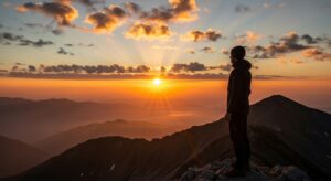 夜明けの山頂で朝日を見つめる人物。希望の光が広がる構図。