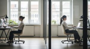 職場で少し離れた席に座るビジネスパーソン。 画面越しに淡々と業務をこなす姿。 「心理的な距離の確保」「感情の線引き」を象徴。 静けさと集中の空気感、ミニマルな構図、フォトリアル、