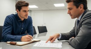 会議テーブルで上司に質問しながらメモを取る社員。 上司は資料を指さし、部下は冷静に5W1Hを書き込む。 「主体的に確認する姿勢」「整理された思考」を表現。 明るいオフィス光、落ち着いたトーン、フォトリアル、