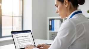 ビジネスメールを打つ若手社員。 画面に「ご教示いただけますでしょうか」と書かれた下書き。 明るいオフィス照明、真剣な表情。 「丁寧に情報を尋ねる」ビジネスマナーを表現。 清潔感のある白×ブルー基調、フォトリアル、