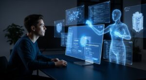 デジタルデスクの前で人間がAIアシスタントとチャットしている。モニターには「Skill設定」や「API接続許可」のUIが浮かび、AIがホログラムで複数のアクションを同時に実行する。操作チュートリアル風の構図。ネイビーブルーとシルバーの配色でスマートかつ信頼感のある雰囲気。フォトリアル、