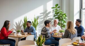 オフィスの休憩スペースで、新人が先輩と笑顔で話している。信頼関係を象徴する明るいシーン。