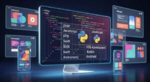 モニターに複数のプログラミング言語（HTML, CSS, JavaScript, Python, PHP, Swift, Kotlin）のコードが映るシーン。背景にはWebサイトやスマホアプリのUIデザインが浮かぶ。技術の多様性と創造性を感じさせる構成。カラフルで近未来的。フォトリアル、