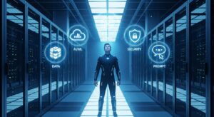 空中に浮かぶ5つのホログラムアイコン：「クラウド」「AI/ML」「セキュリティ」「データ」「プロンプト」。中央でそれらを見上げるエンジニア。光が未来への道を照らす。未来志向のブルートーン、フォトリアル、