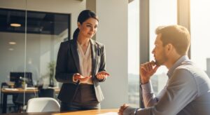 女性ビジネスパーソンが落ち着いた表情で、手振りを交えながら相手に丁寧に話している。相手はうなずきながら聞いている。言葉の緩衝と優しさを表現。暖色系ライト、フォトリアル、