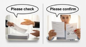 ホワイトボードやノート上に二つの吹き出し。「ご査収ください」→ 書類受領シーン、「ご確認ください」→ 内容チェックシーン。比較表風に整理された構図。清潔感のあるビジネス資料風デザイン。フォトリアル+軽いグラフィック融合、