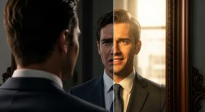 鏡に映る自分を見つめるビジネスパーソン。片方の顔は自信に満ち、もう片方は不安げに曇っている。二面性を象徴する構図で「自己評価と他者評価のギャップ」を表現。光と影のコントラスト強め。フォトリアル、アート的構図、