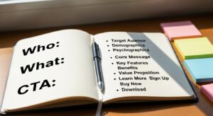 ノートの見開きに大きく「Who / What / CTA」。右ページに具体例の箇条書き。手元のペンと付箋、窓辺の自然光。考える前の静けさと集中。フォトリアル、