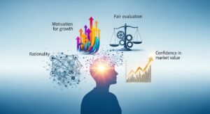 抽象的な構成。人物のシルエットの中に、4つの要素が浮かぶ: 「成長意欲」「正当な評価」「合理性」「市場価値の自信」。 背景は穏やかなブルーグラデーション。心理と価値観の内面を可視化。フォトリアル+軽いデジタルアート調、16:9。