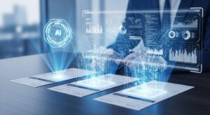 経理担当者のデスクでAIが請求書を自動で読み取り、データがシステムに流れ込む様子。 柔らかい光が画面を照らし、正確で効率的な印象。全体トーン: 白と青のグラデーション、整理された未来的デザイン。