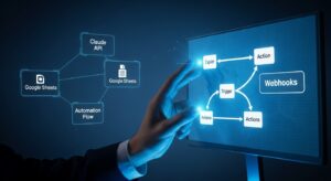 未来的なモニターにZapierのワークフローフロー（矢印で繋がるトリガーとアクション）が光って表示されている。 ビジネスパーソンが画面に手を伸ばして、フローを組み立てているような構図。 背景にはClaude API・Google Sheets・Webhookのホログラムが連動している。 「実践」「構築」「自動化の流れ」を視覚的に表現。 キーワード: ノーコードツール, Zapier, データ連携, プロセス構築, 青い光, フューチャーデザイン。