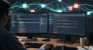 エンジニアがデュアルモニターの前でAPIドキュメントを参照しながらコードを書いている。 画面にはJSON形式のスキル定義やAPIコールのコードスニペット。 背景に流れるデータラインがAIとアプリケーションを繋げている。 キーワード: フォトリアル, API設計, コーディング, JSON, Claude API, データフロー, システム統合。