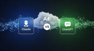 画面中央に左右比較テーブル風のビジュアル。 左にClaude（青い光）、右にChatGPT（緑の光）、中央に「VS」のアイコン。 背景にはクラウド状のAIネットワークが広がる。 キーワード: Claude vs ChatGPT, comparison, dual light tone (blue vs green), photoreal, clean tech, futuristic symmetry.