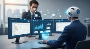 3台のモニターを同時に操作するAIアシスタントのビジュアル。 各画面では、スプレッドシートの自動入力、グラフ生成、メール送信が同時進行。 背後には人間のビジネスパーソンが安心して見守っており、 「人とAIの協働による業務自動化」を象徴。 光のラインで情報がモニター間を繋ぐ。 キーワード: AI office automation, productivity, Gemini Agent, workflow efficiency, multiple screens, holographic interface, blue glow, photoreal.