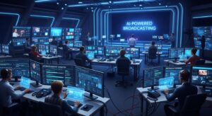 放送センターの中で、AIと人間のチームが共に働く。 背景モニターにはSNS分析・ハイライト生成・多言語字幕が自動処理されている。 スタジオの壁には「AI-powered Broadcasting」と光る文字。 キーワード: media production, AI automation, Gemini broadcasting, newsroom efficiency, photoreal team collaboration, futuristic lighting.