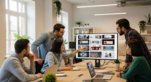 マーケティングチームがモニターを囲み、AIが生成したバナーやSNS画像を確認。 背景に自動生成された広告ビジュアルが複数並ぶ。 キーワード: business team collaboration, AI marketing visuals, creative workflow, photoreal office lighting, Google workspace style.