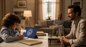 A warm home learning scene with a child studying at a desk using a tablet showing an AI assistant (Gemini) giving gentle hints. The parent watches with a proud smile in a softly lit living room. The scene subtly shows both the benefits and challenges of AI-assisted learning — motivation, curiosity, but also reflection and balance. Style: photoreal, natural lighting, calm warm tones, educational, emotional realism, Google aesthetic.