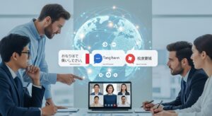 A small business team having an online meeting with international partners, while Gemini translates in real time. Speech bubbles on the screen show Japanese, English, and Chinese sentences side by side. Subtle visuals of a digital globe, communication lines, and translation icons connect participants. Style: photoreal, global business mood, professional, clean light-blue palette, high clarity.