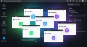 A collage of seven browser tabs, each representing different Gemini features — 1️⃣ Page summarization 2️⃣ Email drafting 3️⃣ Translation 4️⃣ Task automation 5️⃣ Image generation 6️⃣ Coding support 7️⃣ Personalized search. Each tab glows subtly with Gemini’s color gradient. Style: clean infographic realism, bright UI focus, sleek tech composition.