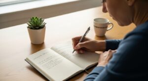 静かなデスクでノートを取りながら考えを整理する社会人。ノートには「課題の分離」「期待を手放す」といったメモ。
