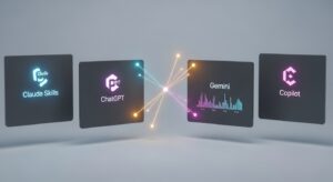 A comparison dashboard showing four holographic panels for Claude Skills, ChatGPT, Gemini, and Copilot — each represented by a glowing logo and color-coded interface. Between them, glowing data lines connect and overlap, symbolizing differences and similarities. Style: cinematic realism, side-by-side layout, neutral light gray background with accent colors.