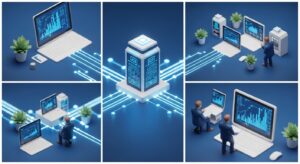 Four interconnected scenes in a single frame: a businessperson performing a visual search, an e-commerce interface recommending items, an AI tagging images and videos automatically, a factory system detecting anomalies with cameras and sensors. Style: collage of realistic mini-scenes connected by glowing data lines, blue-white tones.