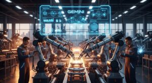 Inside a futuristic factory, robotic arms and human workers collaborate seamlessly on an assembly line. Gemini-powered holographic interface shows real-time analytics and adaptive control. Style: industrial photorealism, warm lighting mixed with blue holographic overlays.