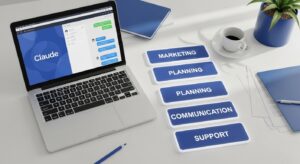 A desk with a laptop displaying Claude’s chat interface and neatly arranged “prompt cards” labeled Marketing, Planning, Communication, and Support. Each card glows subtly, representing actionable templates ready to use. Papers, coffee cup, and minimalist office decor add a sense of realism and productivity. Style: photorealistic flat-lay, soft daylight, white desk with blue accents, organized and modern business atmosphere.