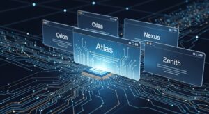 A dynamic split-screen comparison showing four futuristic browser windows labeled with each name, connected by AI circuits. The “Atlas” side glows brightest, symbolizing its innovation. Style: infographic 3D render, blue-white-gold contrast, clarity and hierarchy.