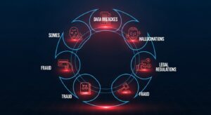 A seven-layer circular infographic showing different risks such as “情報漏洩,” “ハルシネーション,” “不正利用,” “法規制,” etc. Each segment glows faintly in red-orange, contrasting with a dark blue background symbolizing risk awareness. Style: high-contrast tech infographic, cyber-security theme.