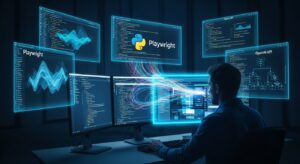 A developer coding on multiple monitors, surrounded by holographic interfaces displaying Python code, Playwright icons, and the OpenAI API structure. Lines of code visually flow into a glowing web browser being automated in real time. Style: photorealistic tech scene, dynamic lighting, blue-cyan glow, cinematic focus.