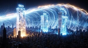 A massive digital wave sweeping across a virtual city of websites, symbolizing AI’s disruption of SEO and online marketing. Some buildings labeled “SEO,” “Ads,” “Traffic” being restructured by glowing AI energy. Style: dynamic composition, cinematic energy wave, electric blue and gold tones.