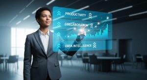 A businessperson standing in front of a holographic chart showing “Productivity ↑,” “Collaboration ↑,” “Data Intelligence ↑.” AI light flows between people and devices. Style: corporate futuristic, bright blue gradients, optimism and energy.