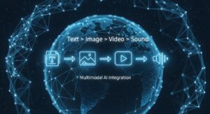 A glowing neural network connecting icons of text, image, sound, and video overlaid on a digital globe. “Text → Image → Video → Sound” flows in sequence, symbolizing multimodal AI integration. Style: cyber aesthetic, clean blue gradient, minimalist tech art.